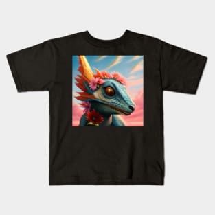 Baby Blue Dragon with Flowers and Sunset Kids T-Shirt